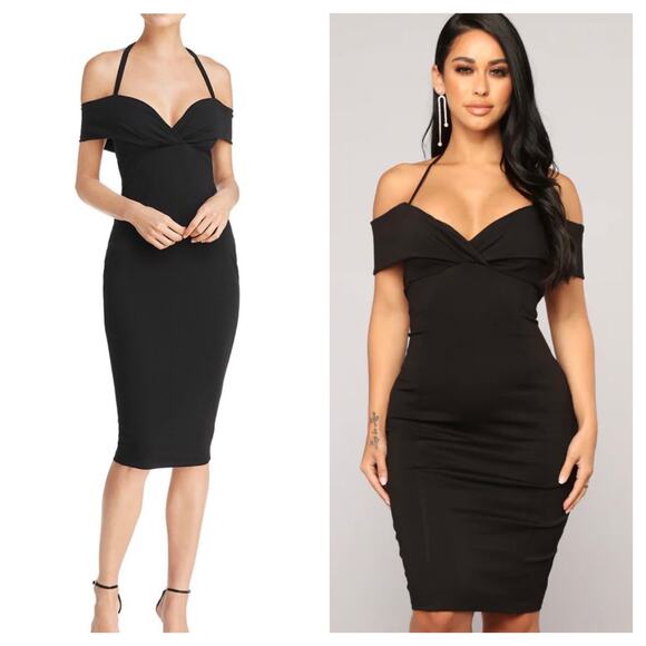 Nookie Athena Off Shoulder Black Midi Dress Size Small NON1722 Cocktail Chic - Picture 2 of 14